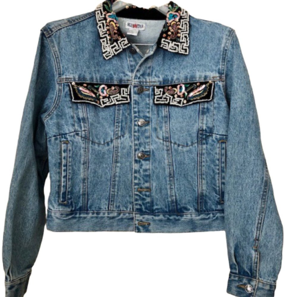 Blue Star Embellished Denim Jacket Pearls Sequins - L